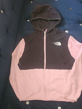 The North Face Black and Light Pink Hooded Colorblock Fleece Jacket